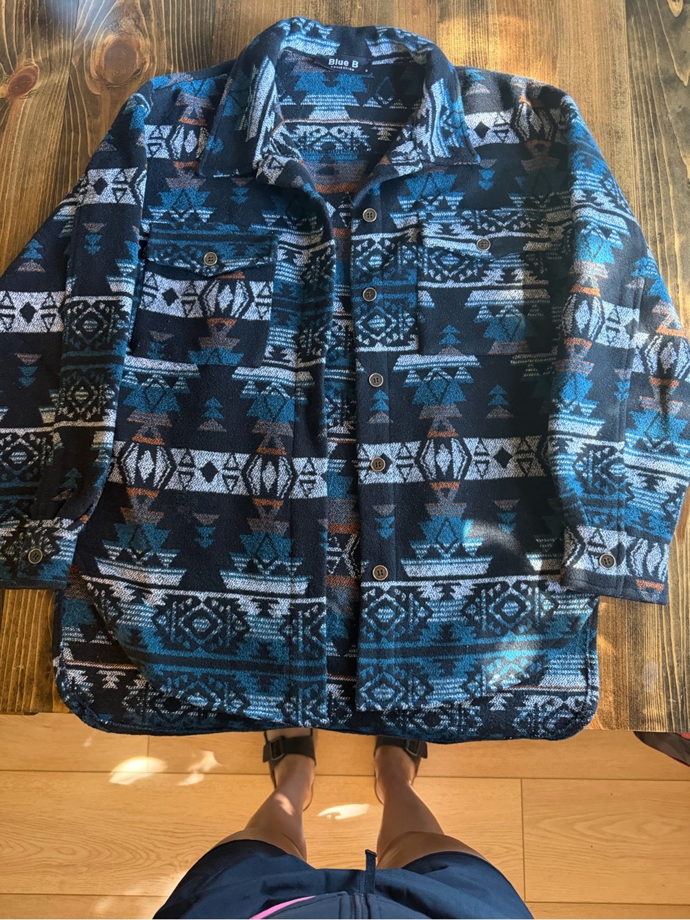 Blue B Women's Aztec-Pattern Button Jacket in Navy/Teal